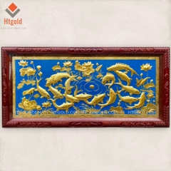 TRANH ĐỒNG CÁ CHÉP VÀ HOA SEN, MẠ VÀNG 24K ( (Kích thước 1m07 x 2m31)