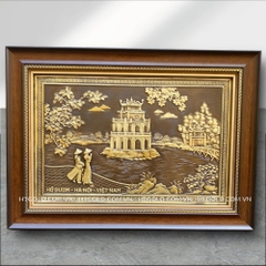 TRANH THÁP RÙA HỒ GƯƠM BẰNG ĐỒNG, GIẢ CỔ (50cm X 70cm)