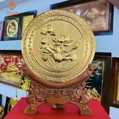 QUÀ TẶNG TRANH ĐĨA - TRANH HOA SEN BẰNG ĐỒNG, MẠ VÀNG 24K (Đường kính 30cm; Tổng chiều cao 42cm)