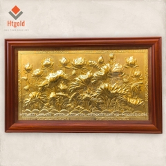 TRANH ĐỒNG HOA SEN, MẠ VÀNG 24K, KHUNG GỖ HƯƠNG (Kích thước 1m07 - 1m76)
