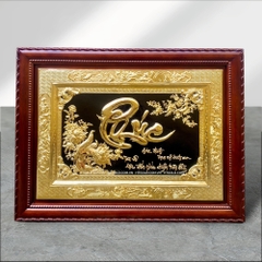 TRANH CHỮ PHÚC BẰNG ĐỒNG DÁT VÀNG, KHUNG GỖ GỤ (107cm * 81cm)