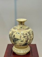 Bình Hút Lộc Tứ Cảnh Sơn Thuỷ Cao 29cm Gốm Chu Đậu Vẽ Vàng