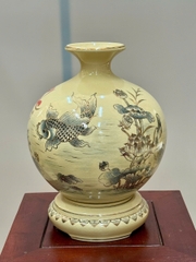 Bình Hút Lộc Cá Chép Hoa Sen Chữ Phúc Cao 29cm Gốm Chu Đậu Vẽ Vàng