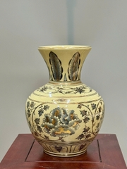 Bình Trường Phúc Hoa Phù Dung Cao 28cm Gốm Chu Đậu Vẽ Vàng