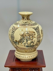 Bình Hút Lộc Tứ Cảnh Hà Nội Cao 36cm Gốm Chu Đậu Vẽ Vàng