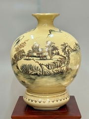 Bình Hút Lộc Hoạ Tiết Sơn Thuỷ Hữu Tình Cao 42cm Gốm Chu Đậu Vẽ Vàng