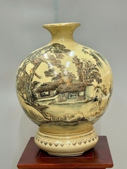 Bình Hút Lộc Hoạ Tiết Sơn Thuỷ Hữu Tình Cao 42cm Gốm Chu Đậu Vẽ Vàng