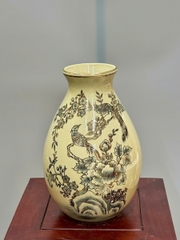Bình Lão Vọng Hoạ Tiết Chim Đào Mùa Xuân Cao 28cm Gốm Vẽ Vàng