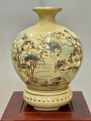 Bình Hút Lộc Hoa Sen Cao 36cm Gốm Chu Đậu Vẽ Vàng