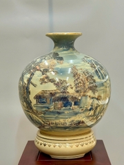 Bình Tài Lộc Sơn Thuỷ Hữu Tình 3D Cao 42cm Gốm Vẽ Vàng