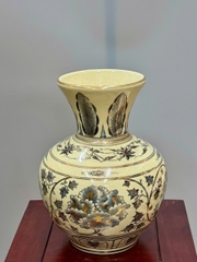 Bình Trường Phúc Hoa Phù Dung Cao 28cm Gốm Chu Đậu Vẽ Vàng