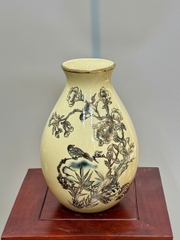 Bình Lão Vọng Cao 28cm Chim Đào Gốm Chu Đậu Vẽ Vàng