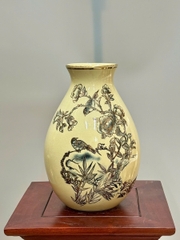 Bình Lão Vọng Cao 28cm Chim Đào Gốm Chu Đậu Vẽ Vàng