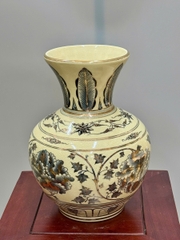 Bình Trường Phúc Hoa Phù Dung Cao 28cm Gốm Chu Đậu Vẽ Vàng