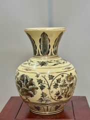 Bình Trường Phúc Hoa Phù Dung Cao 28cm Gốm Chu Đậu Vẽ Vàng