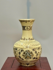 Bình Phú Quý Hoa Phù Dung Cao 30cm Gốm Chu Đậu Vẽ Vàng