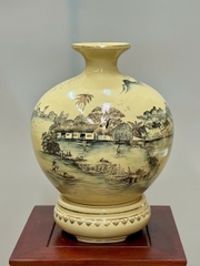 Bình Hút Lộc Hoạ Tiết Làng Quê Cao 36cm Gốm Chu Đậu Vẽ Vàng