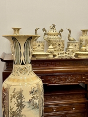 Bộ Đồ Thờ Bát Hương Rồng Đắp Nổi Ban Thờ 1,75m đến 1,97m Gốm Vẽ Vàng