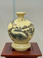 Bình Hút Lộc Sơn Thuỷ Hữu Tình Cao 29cm Gốm Chu Đậu Vẽ Vàng