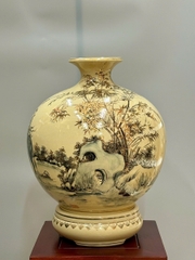 Bình Tài Lộc Phong Cảnh Vẽ Tự Do Cao 42cm Gốm Chu Đậu Vẽ Vàng