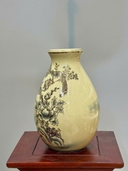 Bình Lão Vọng Hoạ Tiết Chim Đào Mùa Xuân Cao 28cm Gốm Vẽ Vàng