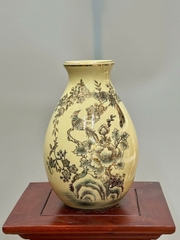 Bình Lão Vọng Hoạ Tiết Chim Đào Mùa Xuân Cao 28cm Gốm Vẽ Vàng