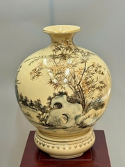 Bình Tài Lộc Phong Cảnh Vẽ Tự Do Cao 42cm Gốm Chu Đậu Vẽ Vàng