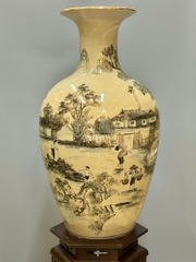 Bảo Bình Cảnh Làng Quê Cao 80cm Gốm Chu Đậu Vẽ Vàng