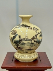 Bình Hút Lộc Sơn Thuỷ Hữu Tình Cao 29cm Gốm Chu Đậu Vẽ Vàng