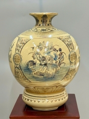 Bình Tài Lộc Tứ Cảnh Bốn Mùa Xanh Coban Cao 42cm Gốm Chu Đậu Vẽ Vàng