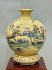 Bình Hút Tài Lộc Sơn Thuỷ Hữu Tình Cao 42cm Gốm Chu Đậu Vẽ Vàng