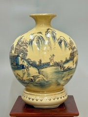 Bình Hút Tài Lộc Sơn Thuỷ Hữu Tình Cao 42cm Gốm Chu Đậu Vẽ Vàng