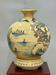 Bình Hút Tài Lộc Sơn Thuỷ Hữu Tình Cao 42cm Gốm Chu Đậu Vẽ Vàng