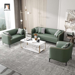 A7 Bộ ghế sofa màu xanh lá KT67 Polan da giả chạy viền nổi bật