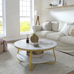 V2 Bàn sofa đá tròn xinh xắn BSF13 Octagon 70cm khung chân vàng
