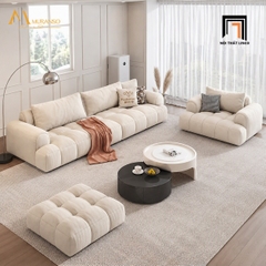 A1 Bộ ghế sofa nệm chia múi đẹp KT72 Muranso vải nhung trắng kem