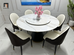 Bộ bàn ăn mặt đá tròn xoay 47-BAD6-G1-B81 6 ghế da Pu