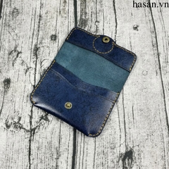 Ví da mini da bò cao cấp gài nút - Xanh dương bông