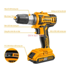 Máy khoan búa không chổi than hãng INGCO pin Lithium-Ion CIDLI20608 kèm pin, bộ sạc và 3 mũi khoan bê tông