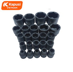 Đầu Tuýp Đen Ngắn 1/2Inch Kapusi Thép Cr-Mo Siêu Cứng - Khẩu Lục Giác Cho Máy Siết Bu Lông Đủ Size 8mm-41mm, Bh 12 tháng