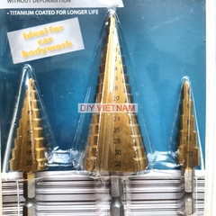 Bộ 3 mũi khoan tháp rãnh xoẵn và rãnh thẳng TITANIUM 4-32mm khoan sắt, tôn (Mũi khoét tháp)