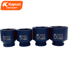 Đầu Tuýp Đen Ngắn 1/2Inch Kapusi Thép Cr-Mo Siêu Cứng - Khẩu Lục Giác Cho Máy Siết Bu Lông Đủ Size 8mm-41mm, Bh 12 tháng