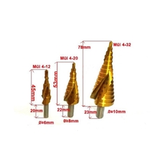 Bộ 3 Mũi khoan tháp rãnh xoăn KAPUSI K-3240 chất liệu titanium các cỡ từ 4-12, 4-22, 4-32mm