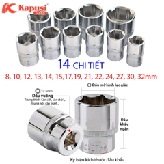 Bộ tuýp khẩu trắng ngắn KAPUSI Nhật Bản hệ 1/2 inch,14-18 cỡ từ 8-32mm, thép CR-V