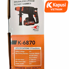 Máy Khoan Đục Bê Tông Pin 21V Kapusi K-6870 – Brushless, 3 Chức Năng, Lực Đập 3.0J, Đầu SDS, Khoan 26mm, BH 12 tháng