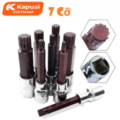 Bộ Đầu Tuýp Bông Mai 12 Cạnh Kapusi 1/2 inch Dài 100mm – 7 Món (M5–M16) – Thép CRV S2 Siêu Bền, Bh 12 tháng