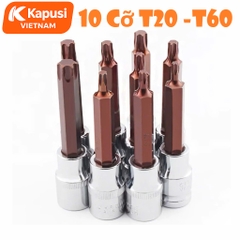 Đầu Tuýp Hoa Thị 6 Cạnh (Torx) Kapusi 1/2 inch Dài 100mm – T20 Đến T60 – Thép CRV, Đầu S2, Bán Lẻ Từng Cỡ, Bh 12 tháng