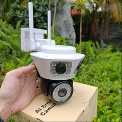 Camera Wi-Fi 4 mắt 3 khung hình YOOSEE Q54D-12MP (Mắt giả ở giữa có 6 LED TRÒN, 3 khung hình giám sát 3 khu vực cùng lúc, đàm thoại, có màu, 2 anten, thùng 12 hộp)