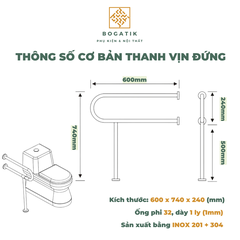 THANH TAY VỊN NHÀ TẮM AN TOÀN CHO NGƯỜI GIÀ, TAY VỊN ĐỨNG INOX 201+ 304 DÀY 1 LY, BH 24 THÁNG