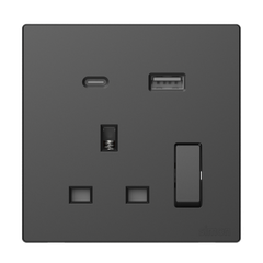 Ổ cắm 3 chấu chuẩn Anh kèm công tắc và sạc USB + Type C màu đen Simon S6 58E7254-26